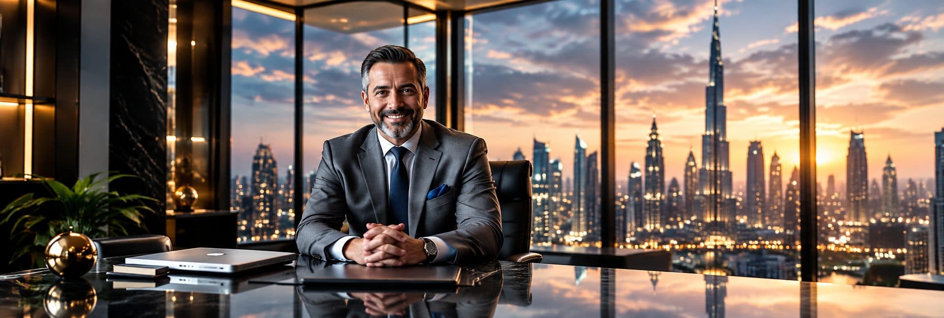 Executive in a Dubai office at sunset